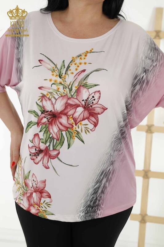 Toptan Kadın Bluz Çiçek Desenli Lila - 77769 | KAZEE