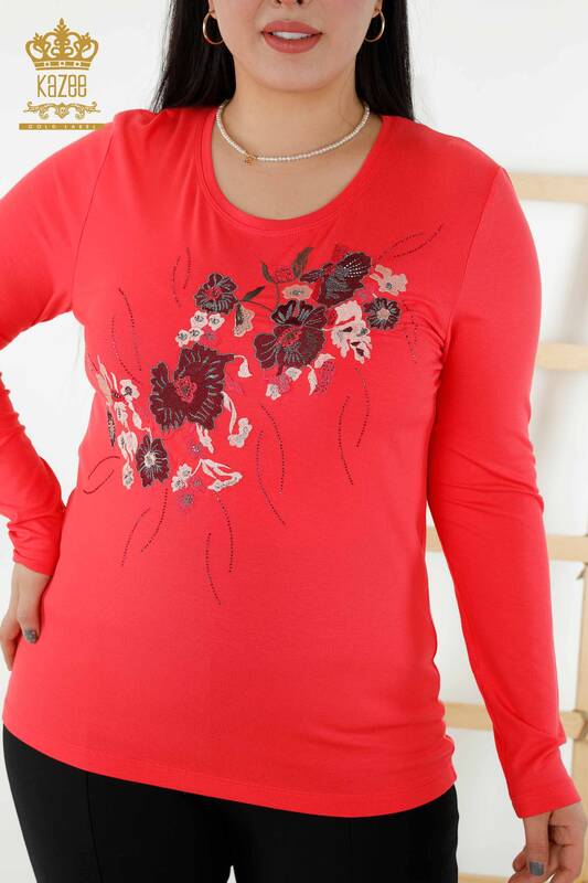 Toptan Kadın Bluz Çiçek Desenli Nar Çiçeği - 79045 | KAZEE