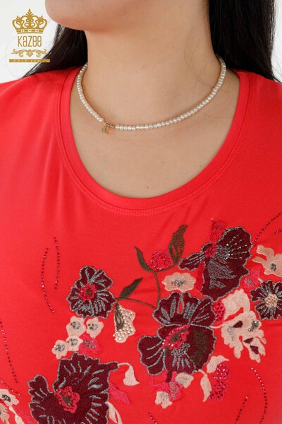 Toptan Kadın Bluz Çiçek Desenli Nar Çiçeği - 79045 | KAZEE - Thumbnail