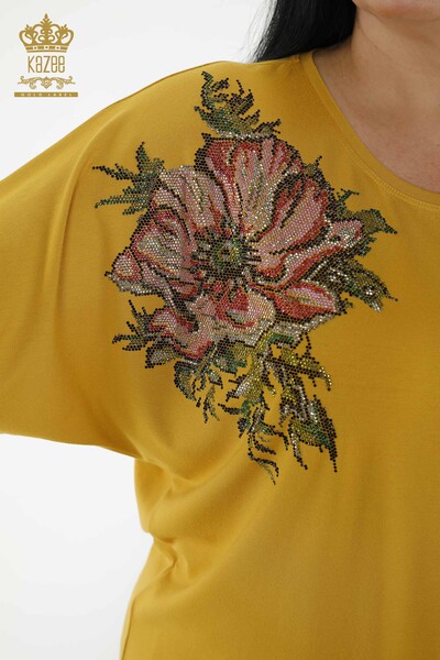 Toptan Kadın Bluz Çiçek Desenli Safran - 79089 | KAZEE - Thumbnail