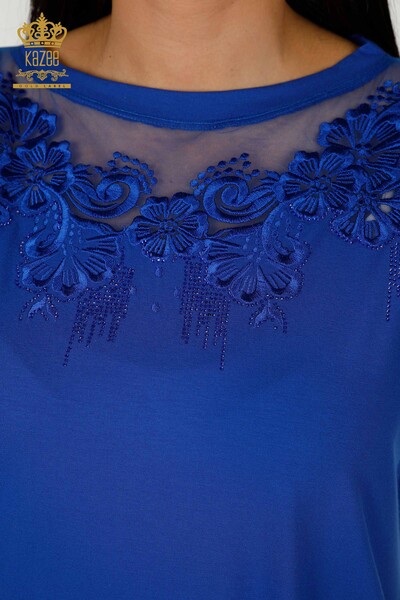 Toptan Kadın Bluz Çiçek Desenli Saks - 79081 | KAZEE - Thumbnail