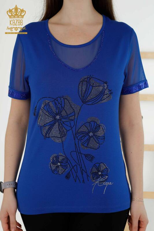 Toptan Kadın Bluz Çiçek Desenli Saks - 79290 | KAZEE