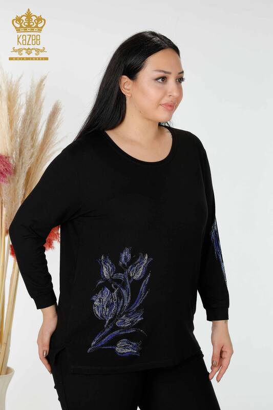 Toptan Kadın Bluz Çiçek Desenli Siyah - 77908 | KAZEE