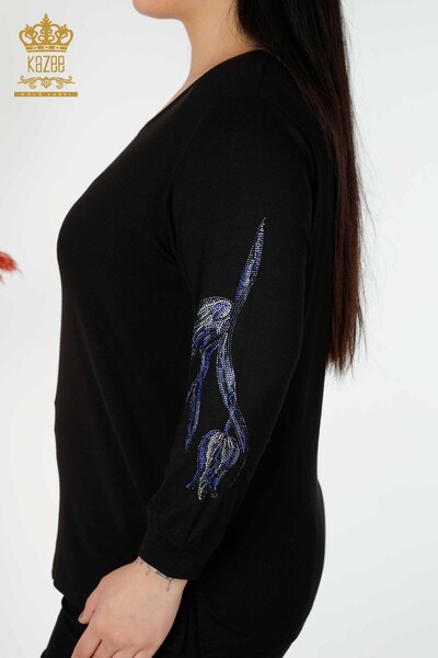 Toptan Kadın Bluz Çiçek Desenli Siyah - 77908 | KAZEE - Thumbnail