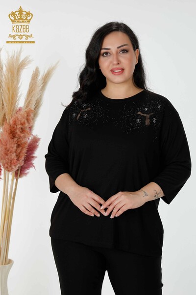 Toptan Kadın Bluz Çiçek Desenli Siyah - 77990 | KAZEE - Thumbnail