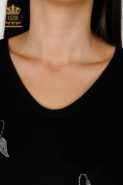 Toptan Kadın Bluz Çiçek Desenli Siyah - 78934 | KAZEE - 4