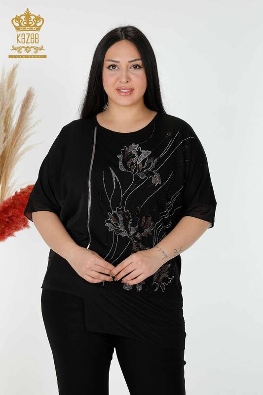 Toptan Kadın Bluz Çiçek Desenli Siyah - 79028 | KAZEE