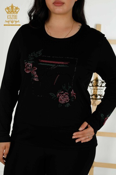Kazee - Toptan Kadın Bluz Çiçek Desenli Siyah - 79042 | KAZEE (1)