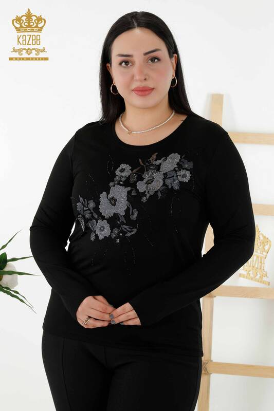 Toptan Kadın Bluz Çiçek Desenli Siyah - 79045 | KAZEE