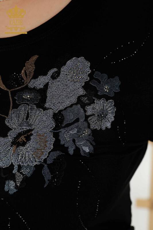 Toptan Kadın Bluz Çiçek Desenli Siyah - 79045 | KAZEE