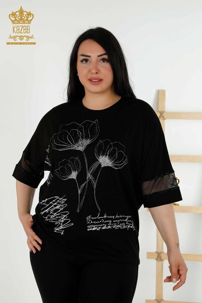 Toptan Kadın Bluz Çiçek Desenli Siyah - 79059 | KAZEE - Thumbnail