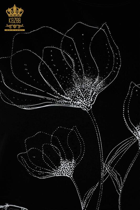 Toptan Kadın Bluz Çiçek Desenli Siyah - 79059 | KAZEE