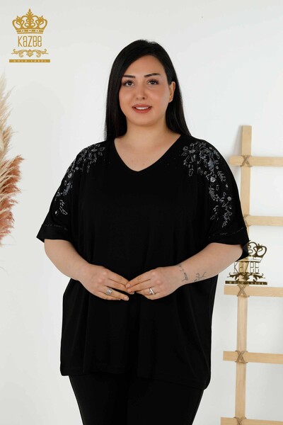 Toptan Kadın Bluz Çiçek Desenli Siyah - 79068 | KAZEE