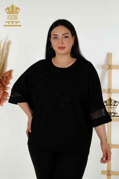 Toptan Kadın Bluz Çiçek Desenli Siyah - 79087 | KAZEE - Thumbnail