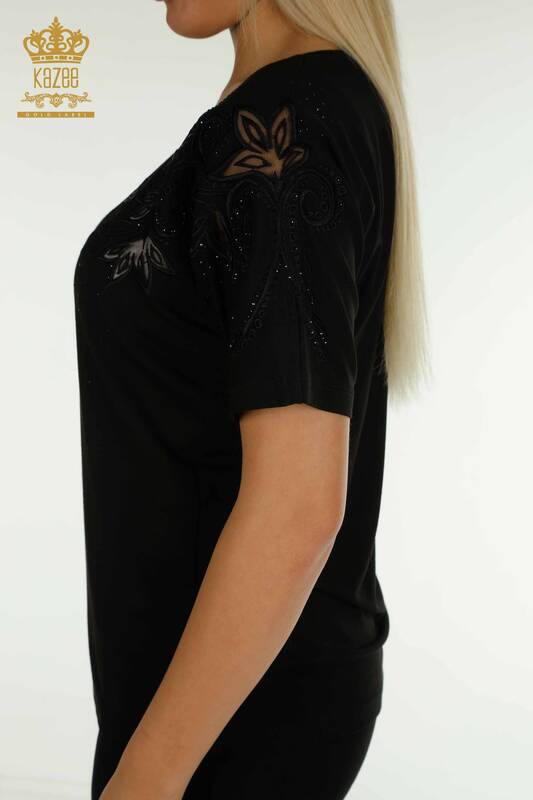 Toptan Kadın Bluz Çiçek Desenli Siyah - 79093 | KAZEE