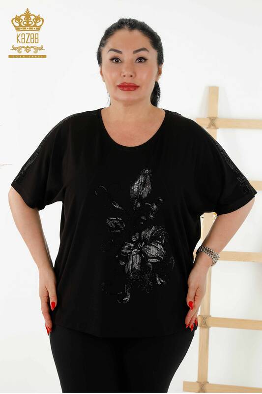 Toptan Kadın Bluz Çiçek Desenli Siyah - 79121 | KAZEE