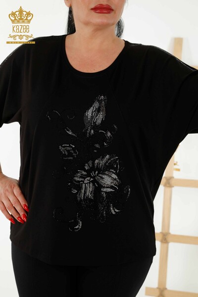 Toptan Kadın Bluz Çiçek Desenli Siyah - 79121 | KAZEE - Thumbnail