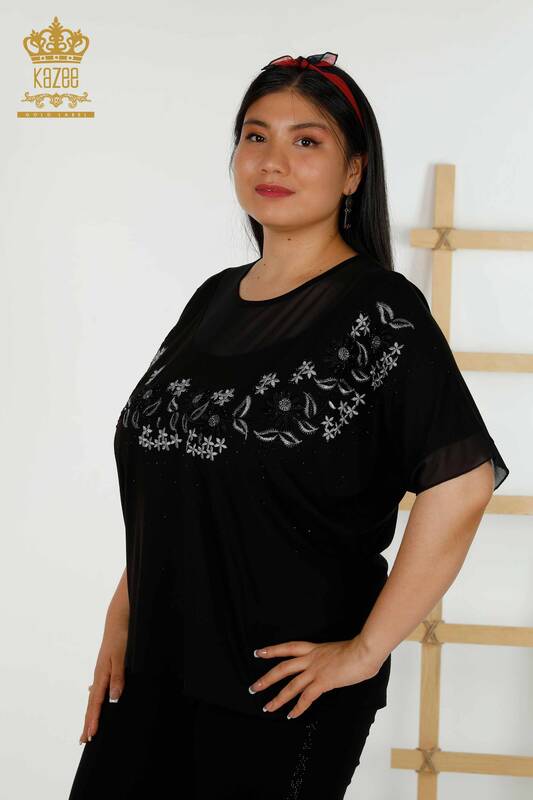 Toptan Kadın Bluz Çiçek Desenli Siyah - 79137 | KAZEE