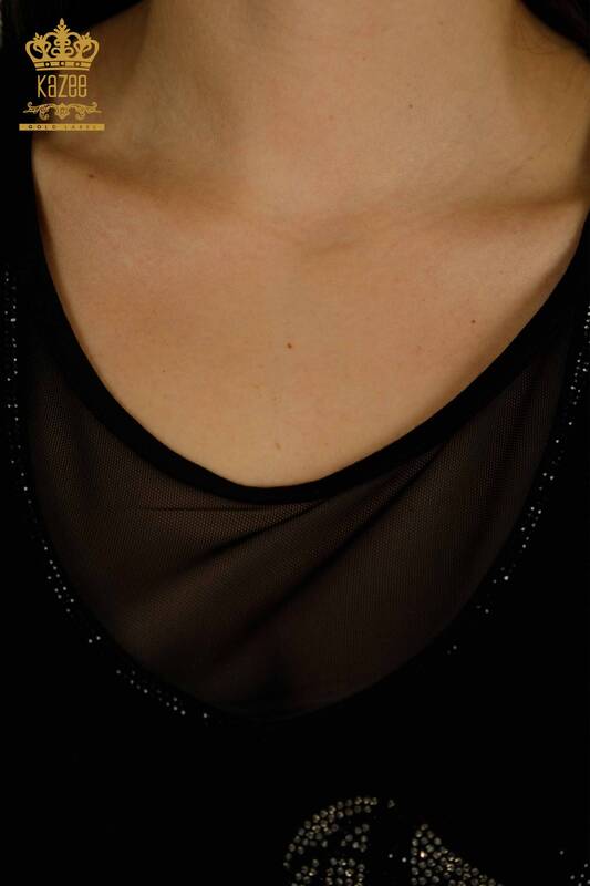 Toptan Kadın Bluz Çiçek Desenli Siyah - 79290 | KAZEE