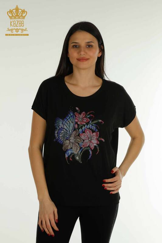 Toptan Kadın Bluz Çiçek Desenli Siyah - 79352 | KAZEE
