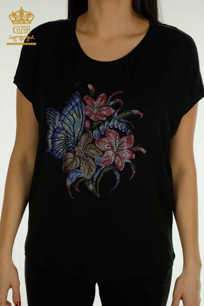 Toptan Kadın Bluz Çiçek Desenli Siyah - 79352 | KAZEE - Thumbnail