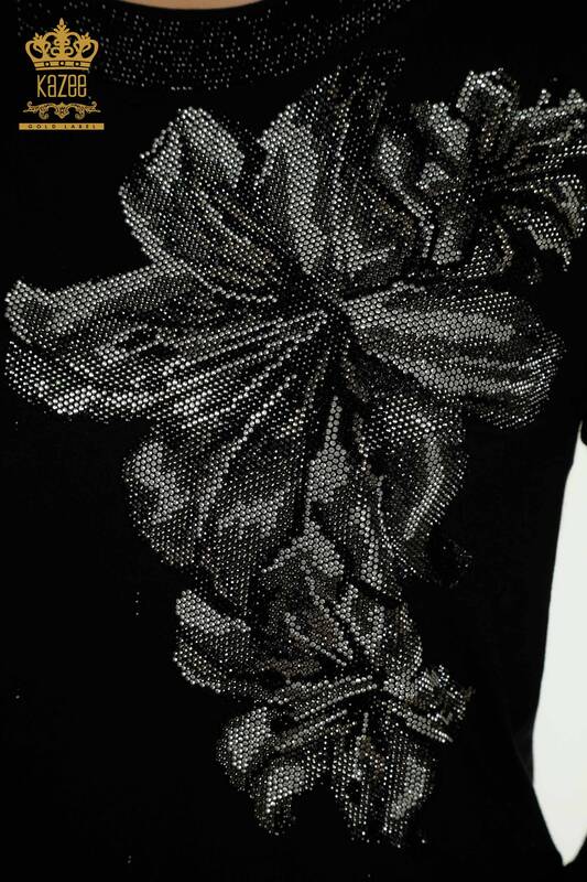 Toptan Kadın Bluz Çiçek Desenli Siyah - 79382 | KAZEE