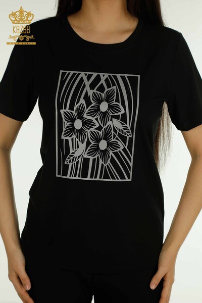 Kazee - Toptan Kadın Bluz Çiçek Desenli Siyah - 79528 | KAZEE (1)