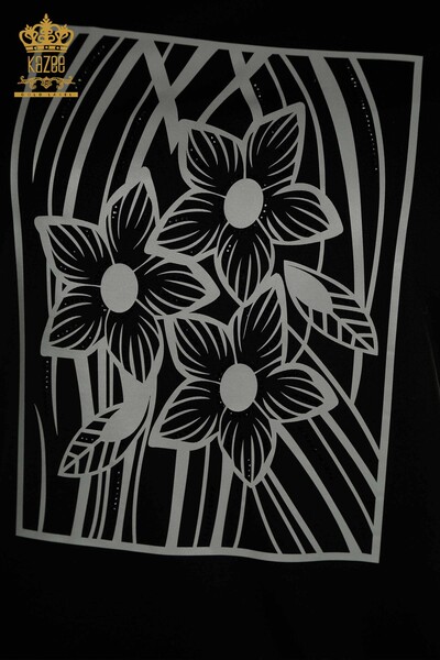 Toptan Kadın Bluz Çiçek Desenli Siyah - 79528 | KAZEE - Thumbnail (2)