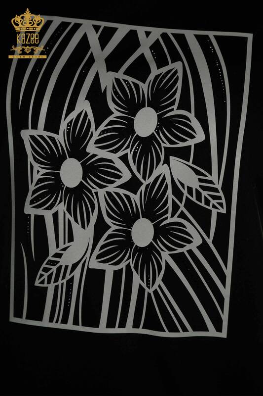 Toptan Kadın Bluz Çiçek Desenli Siyah - 79528 | KAZEE
