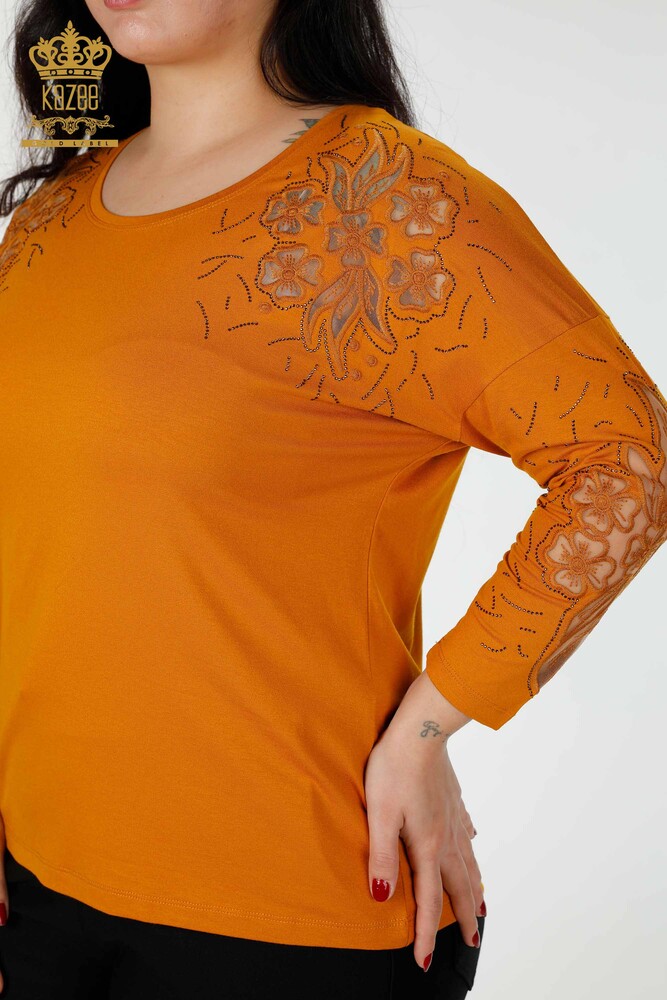 Toptan Kadın Bluz Çiçek Desenli Taba - 77950 | KAZEE - 3