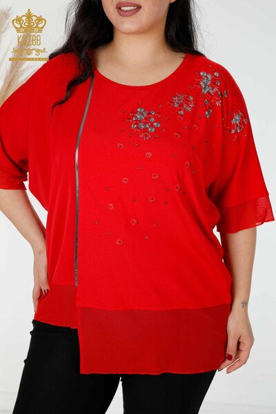 Toptan Kadın Bluz Çiçek Desenli Tül Detaylı Kırmızı - 79032 | KAZEE - Thumbnail