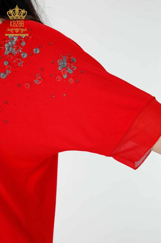 Toptan Kadın Bluz Çiçek Desenli Tül Detaylı Kırmızı - 79032 | KAZEE