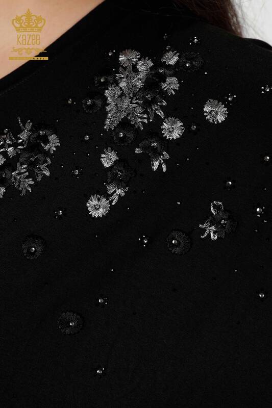 Toptan Kadın Bluz Çiçek Desenli Tül Detaylı Siyah - 79032 | KAZEE