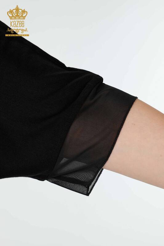 Toptan Kadın Bluz Çiçek Desenli Tül Detaylı Siyah - 79032 | KAZEE