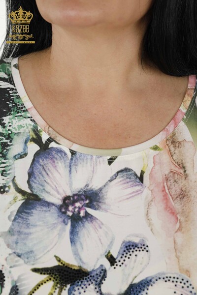 Toptan Kadın Bluz Çiçek Desenli Vizon - 12050 | KAZEE - Thumbnail