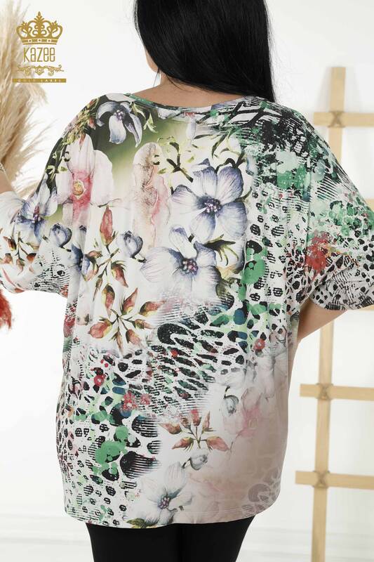 Toptan Kadın Bluz Çiçek Desenli Vizon - 12050 | KAZEE