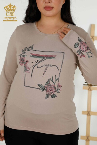 Toptan Kadın Bluz Çiçek Desenli Vizon - 79042 | KAZEE - Thumbnail