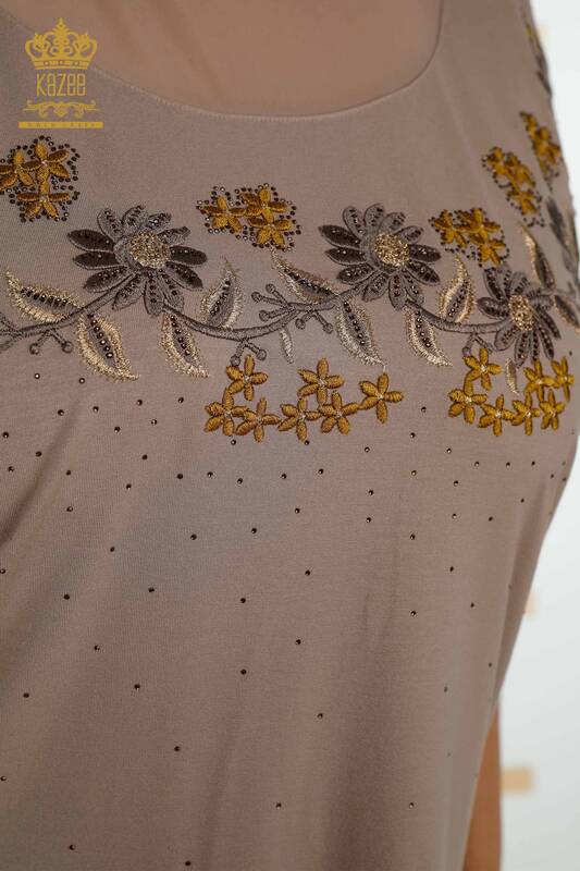 Toptan Kadın Bluz Çiçek Desenli Vizon - 79137 | KAZEE