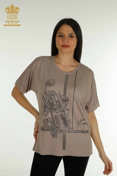 Toptan Kadın Bluz Çiçek Desenli Vizon - 79306 | KAZEE - Thumbnail