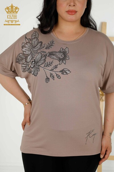 Toptan Kadın Bluz Çiçek Desenli Vizon - 79307 | KAZEE - Thumbnail