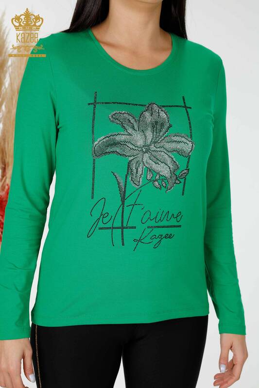 Toptan Kadın Bluz Çiçek Desenli Yeşil - 79014 | KAZEE