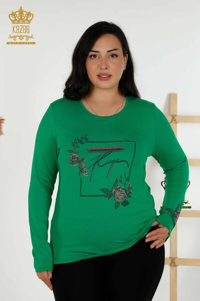 Kazee - Toptan Kadın Bluz Çiçek Desenli Yeşil - 79042 | KAZEE