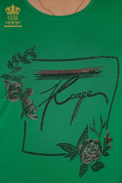 Toptan Kadın Bluz Çiçek Desenli Yeşil - 79042 | KAZEE - Thumbnail (2)
