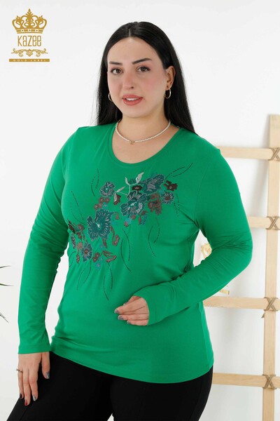 Toptan Kadın Bluz Çiçek Desenli Yeşil - 79045 | KAZEE - Thumbnail