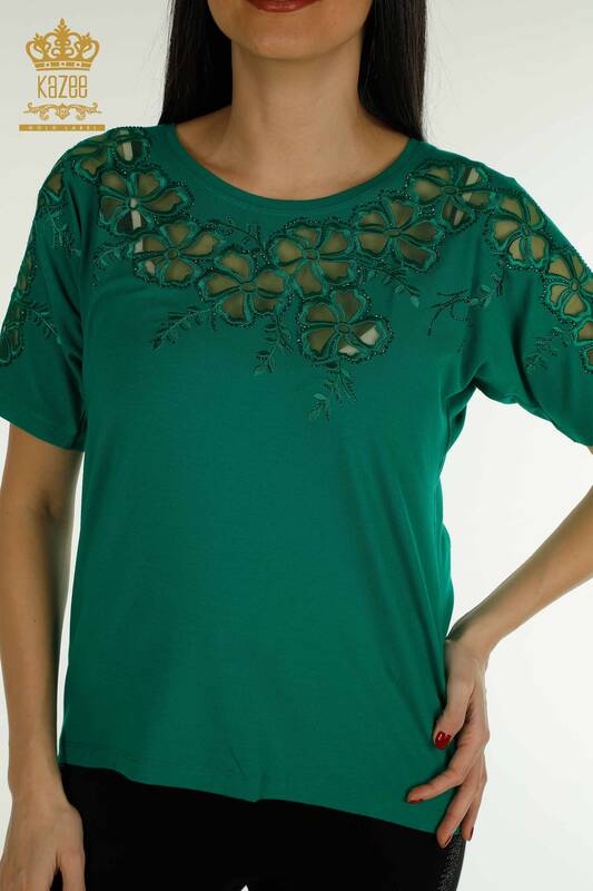 Toptan Kadın Bluz Çiçek Desenli Yeşil - 79049 | KAZEE