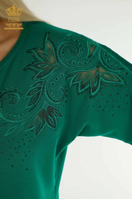 Toptan Kadın Bluz Çiçek Desenli Yeşil - 79093 | KAZEE