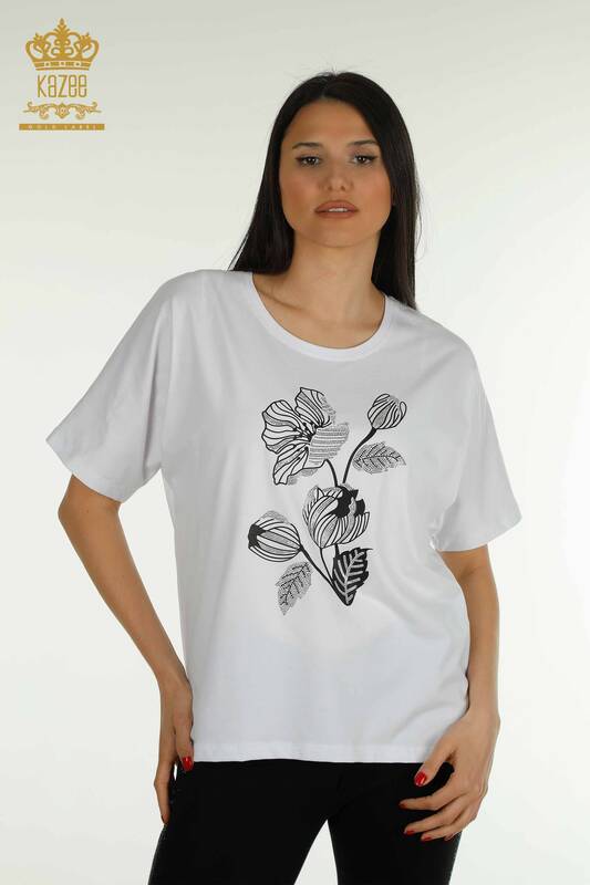 Toptan Kadın Bluz Çiçek Nakışlı Beyaz - 79459 | KAZEE