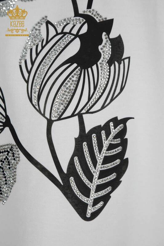 Toptan Kadın Bluz Çiçek Nakışlı Beyaz - 79459 | KAZEE
