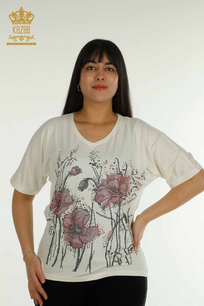 Toptan Kadın Bluz Çiçek Nakışlı Ekru - 79330 | KAZEE - Thumbnail