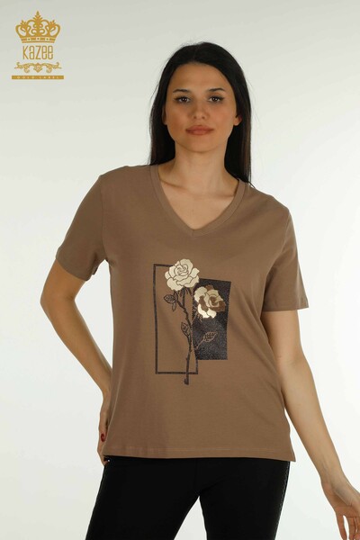Toptan Kadın Bluz Çiçek Nakışlı Kahve - 79860 | KAZEE - Thumbnail